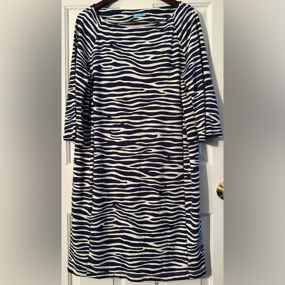 J. McLAUGHLIN XL Navy Zebra Print Sheath Dress Catalina Cloth 3/4 Bell Sleeve
